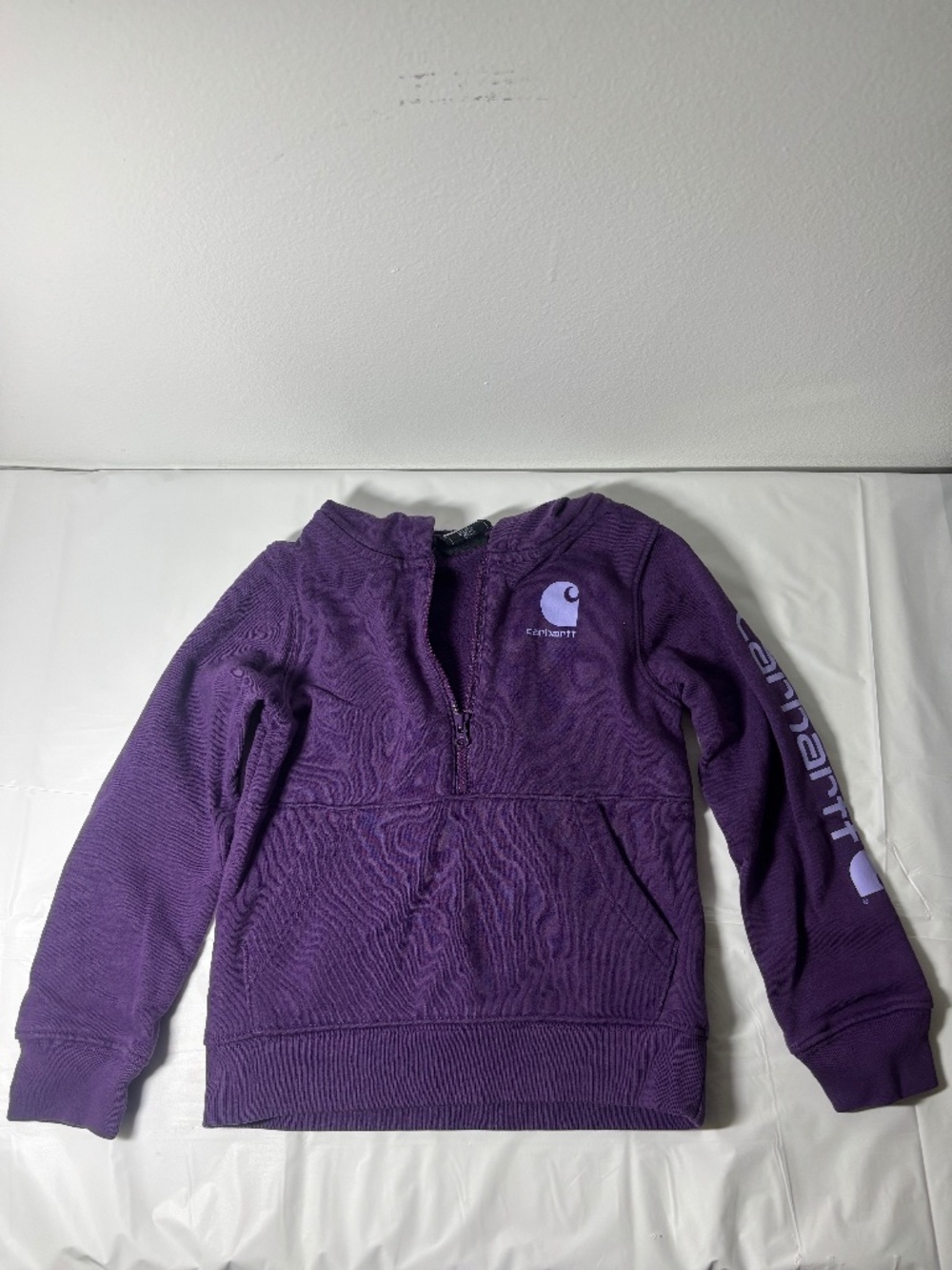 Carhartt Girls Purple Quarter Zip Hoodie Sweatshirt Size 4T Logo Sleeve
